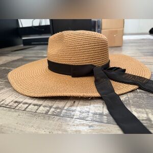 Vince Camuto Tan Wide Brim Hat with Black Ribbon